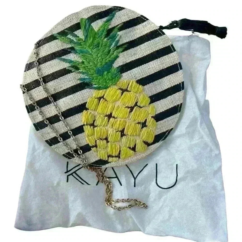 Kayu round straw striped pineapple purse with tassel & chain strap with dust bag - Picture 4 of 11